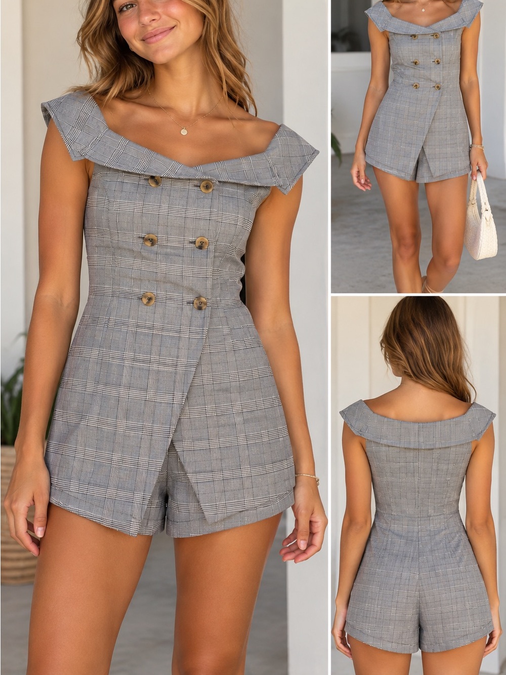 Anthropologie Gray Plaid Off-Shoulder Double-Breasted Romper